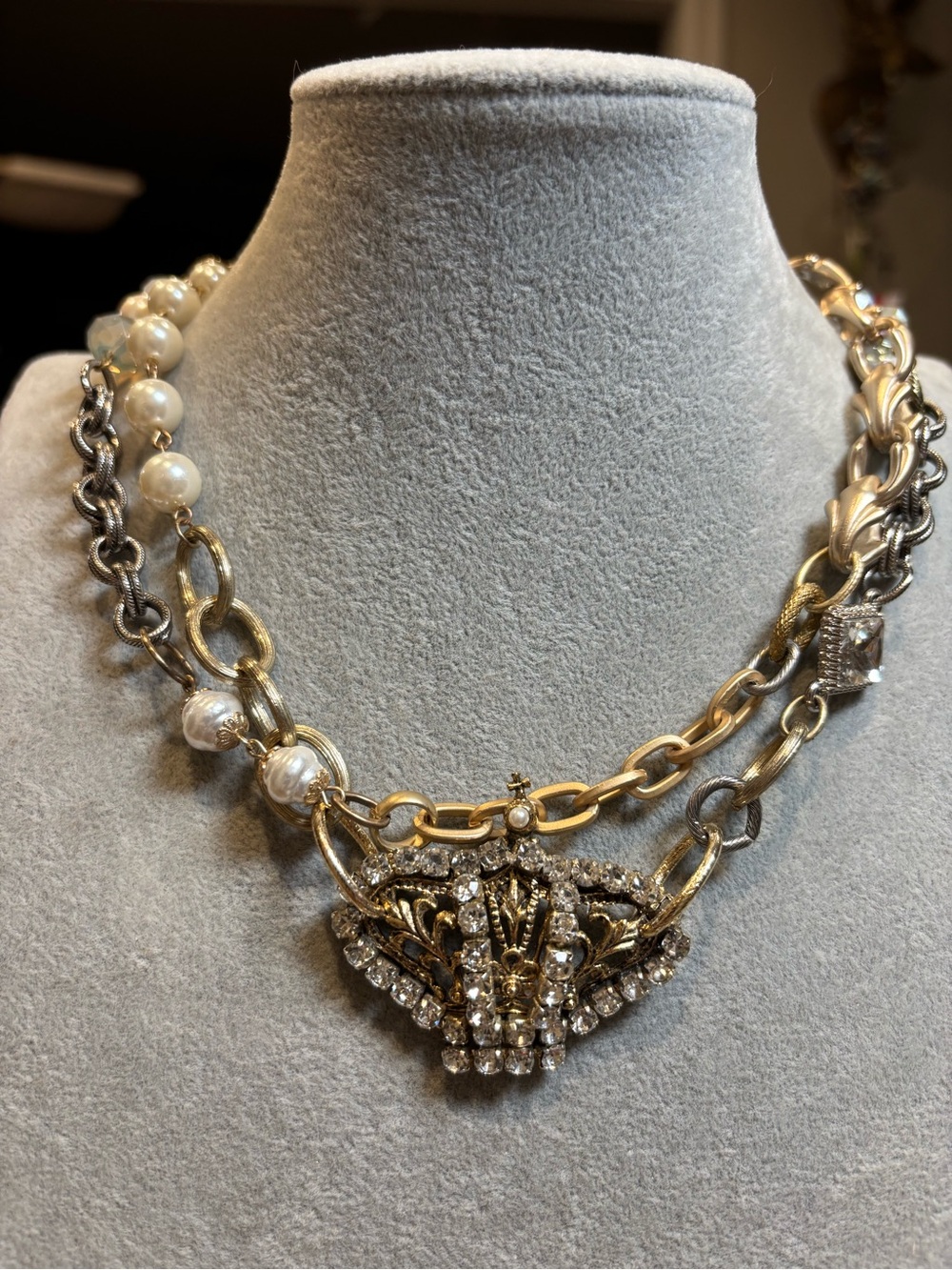 Handmade Pearl and Crystal Statement Necklace - Gold & Silver tone